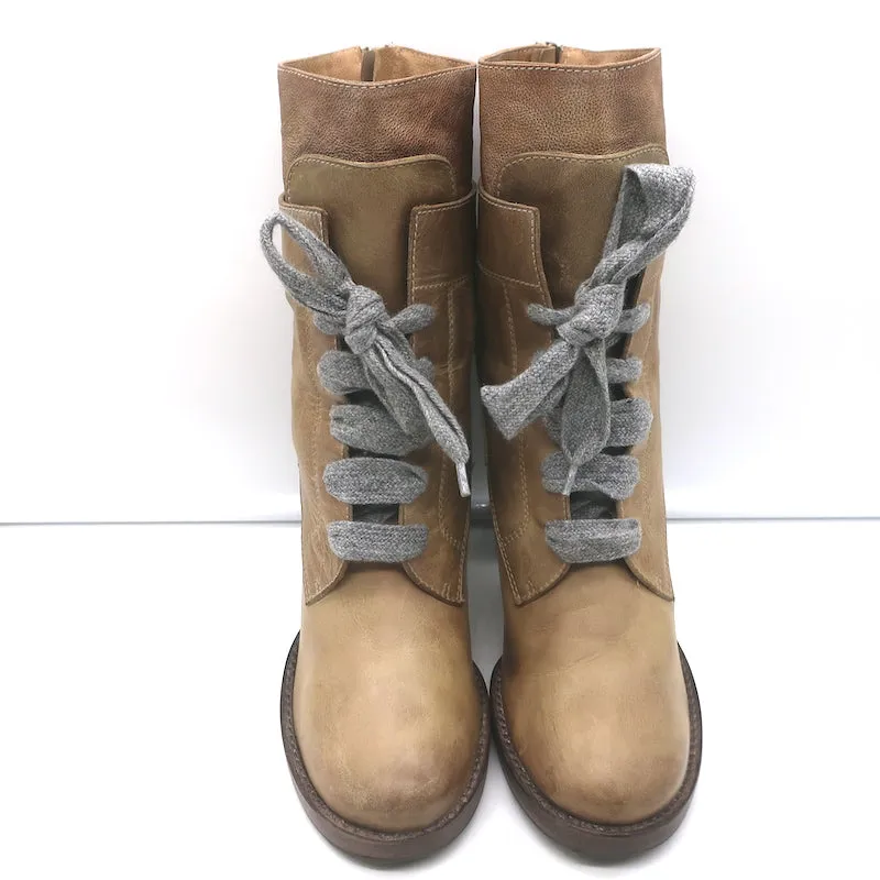 Brunello Cucinelli Bottines à Talons Hauts à Lacets en Cuir Taupe Taille 40