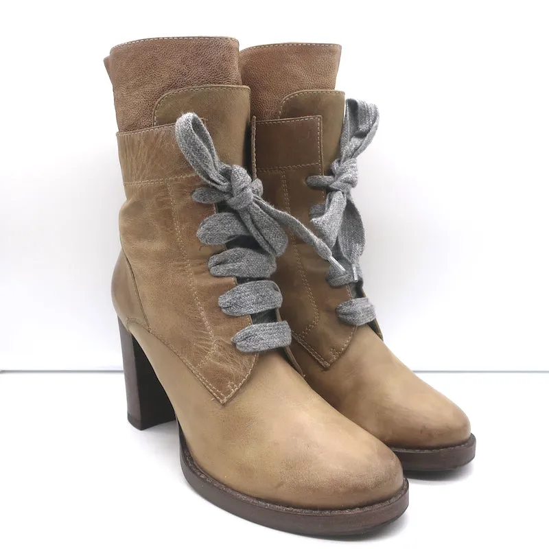 Brunello Cucinelli Bottines à Talons Hauts à Lacets en Cuir Taupe Taille 40