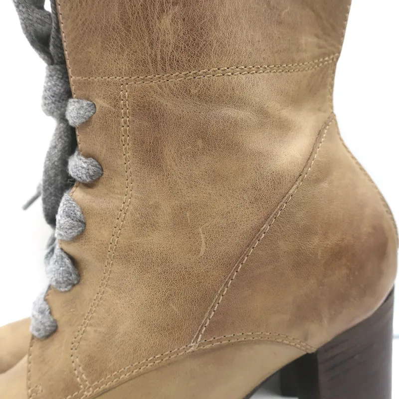 Brunello Cucinelli Bottines à Talons Hauts à Lacets en Cuir Taupe Taille 40