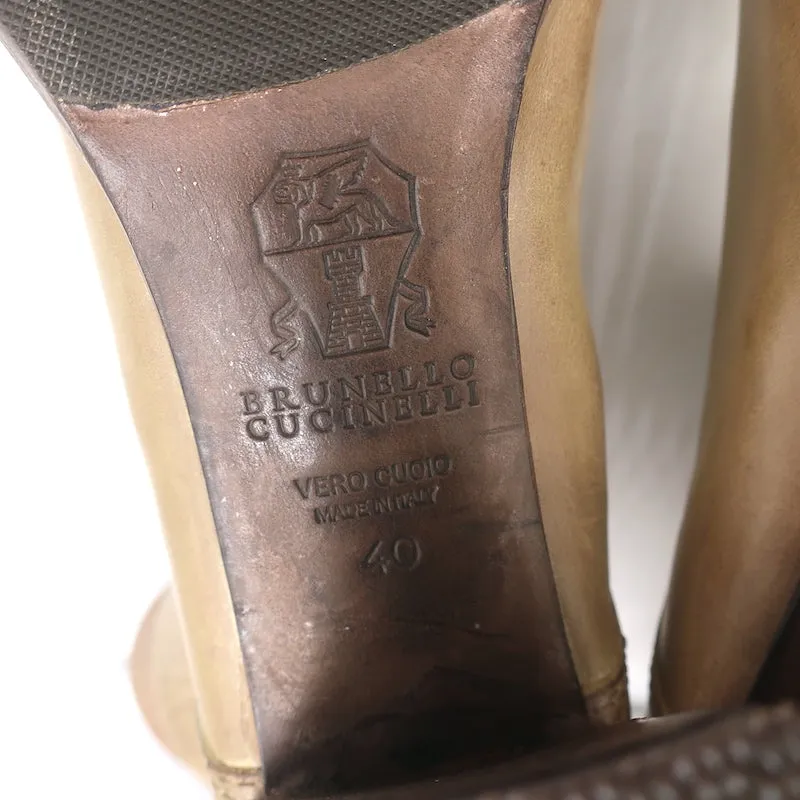Brunello Cucinelli Bottines à Talons Hauts à Lacets en Cuir Taupe Taille 40