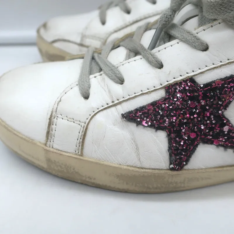 Golden Goose Superstar Chaussures de Sport en Cuir Blanc et Vert Pailleté Étoile Taille 38