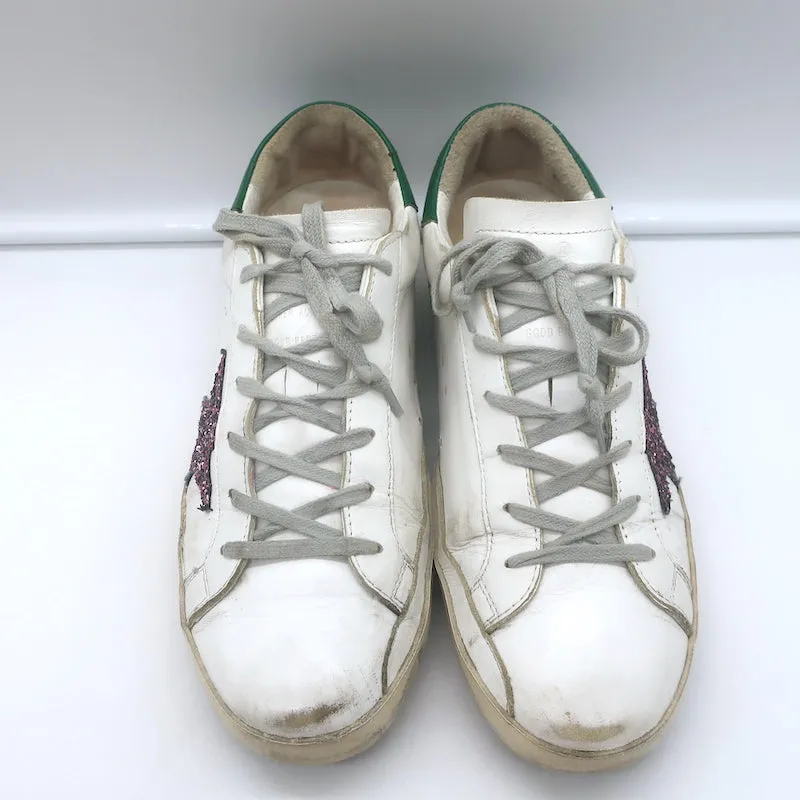 Golden Goose Superstar Chaussures de Sport en Cuir Blanc et Vert Pailleté Étoile Taille 38