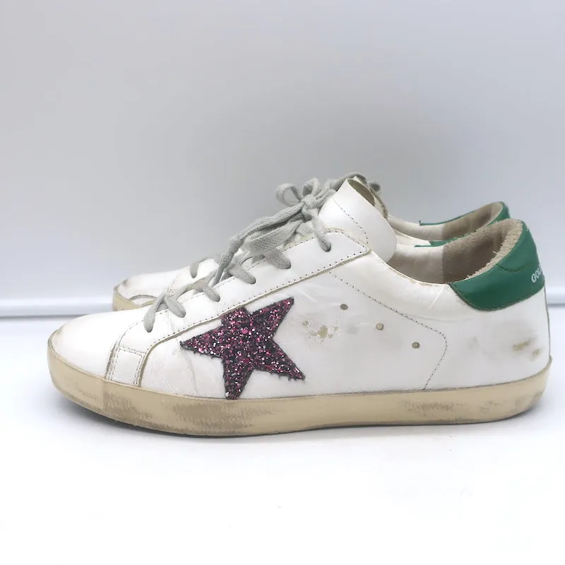 Golden Goose Superstar Chaussures de Sport en Cuir Blanc et Vert Pailleté Étoile Taille 38