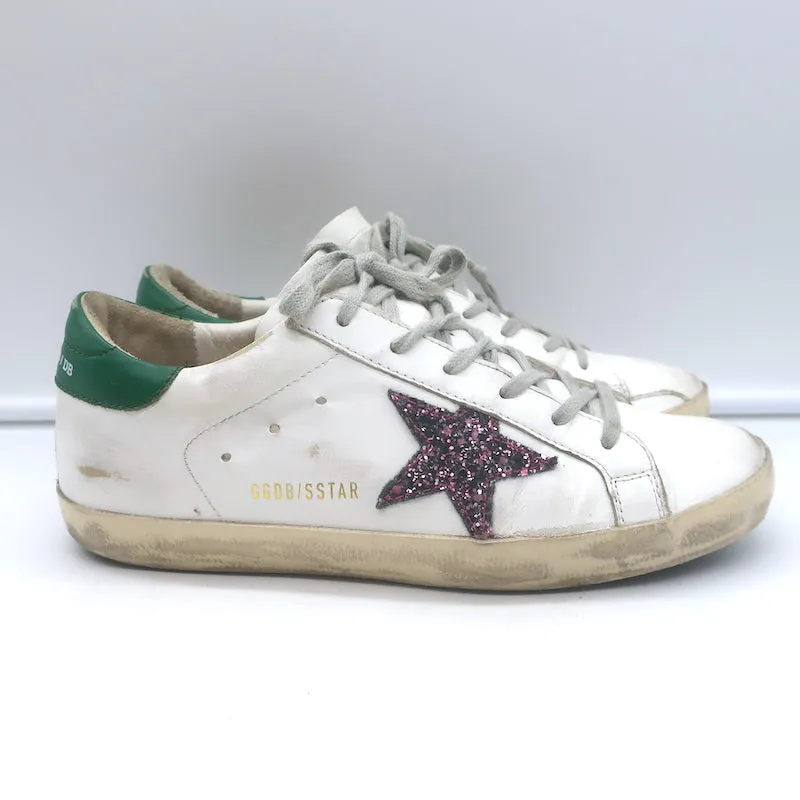 Golden Goose Superstar Chaussures de Sport en Cuir Blanc et Vert Pailleté Étoile Taille 38