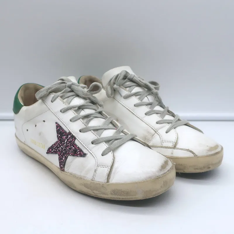 Golden Goose Superstar Chaussures de Sport en Cuir Blanc et Vert Pailleté Étoile Taille 38