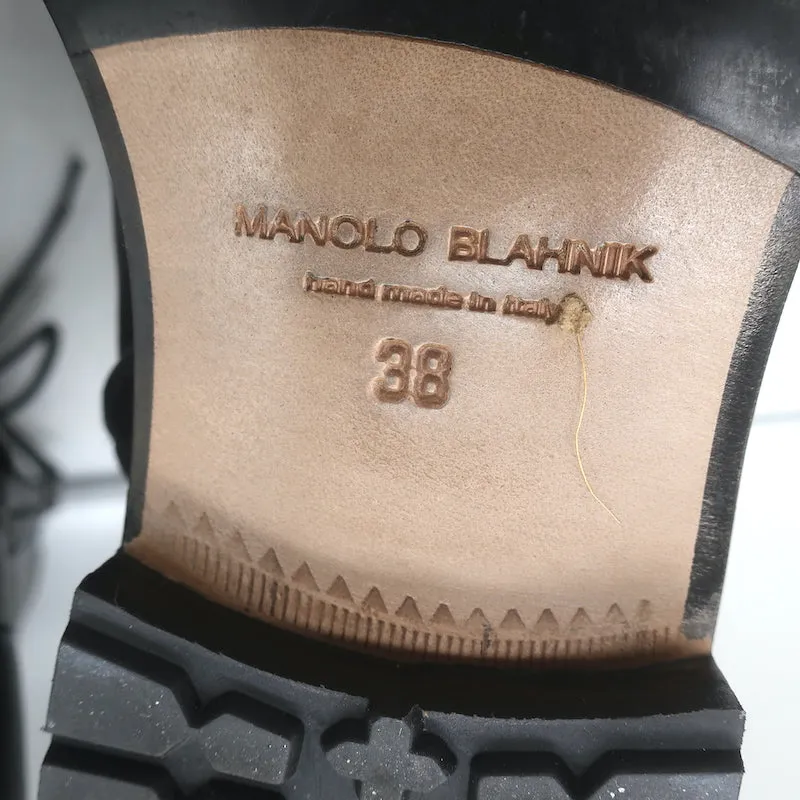 Bottes de combat Manolo Blahnik Planigia en cuir noir Taille 38 Bottes plates à la cheville