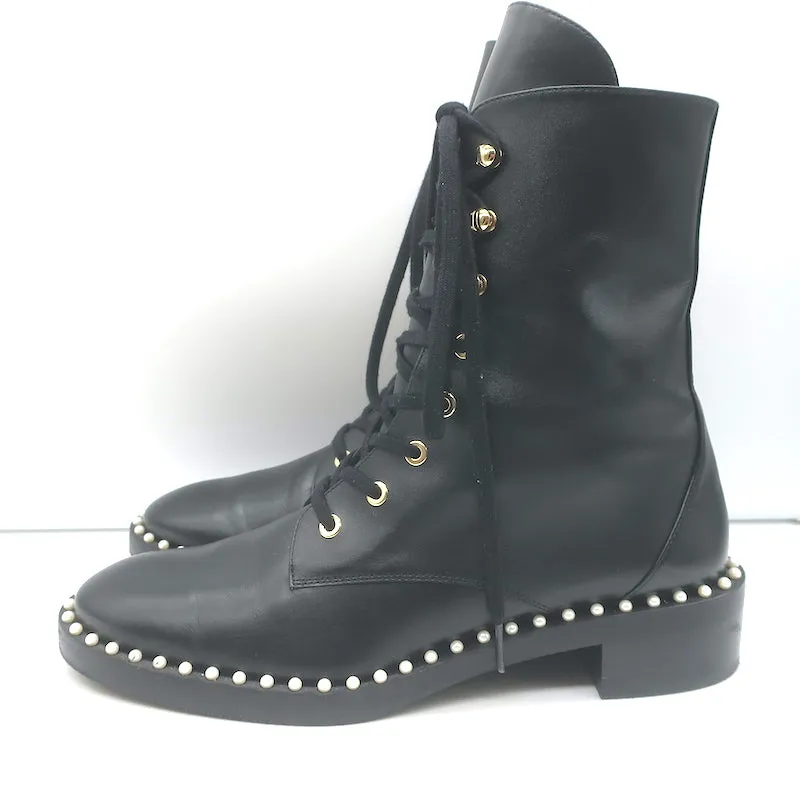 Stuart Weitzman Bottes de combat plates à ornements perlés Sondra en cuir noir Taille 9