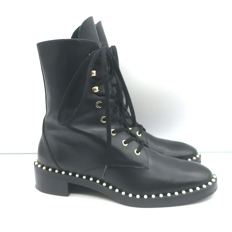 Stuart Weitzman Bottes de combat plates à ornements perlés Sondra en cuir noir Taille 9