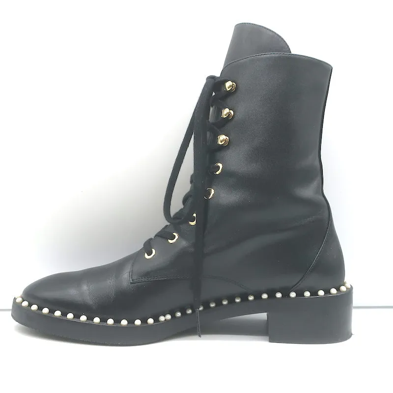 Stuart Weitzman Bottes de combat plates à ornements perlés Sondra en cuir noir Taille 9