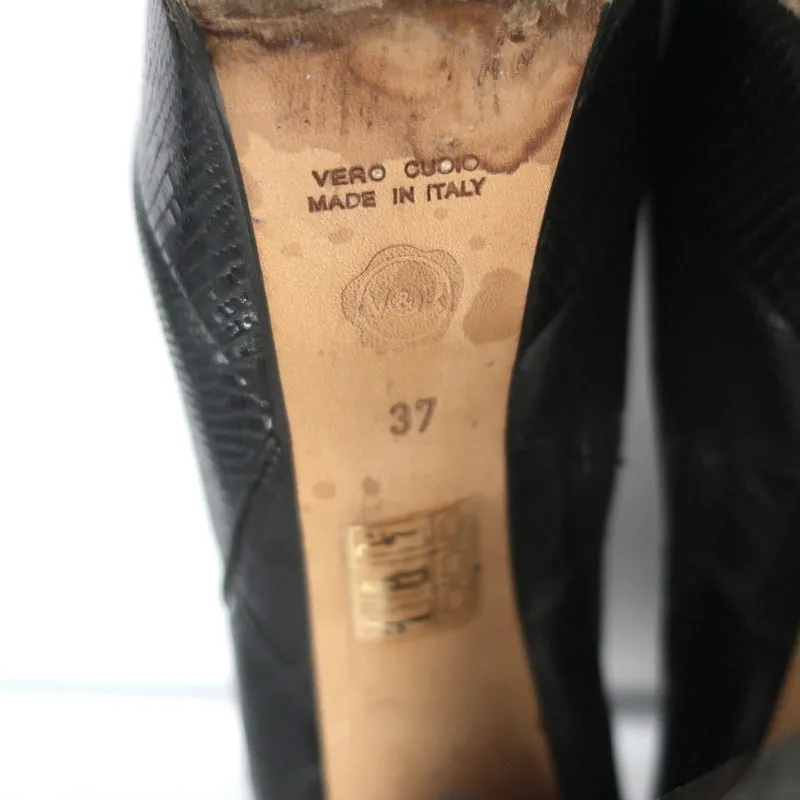 Bottes plates Viktor & Rolf en cuir noir imprimé lézard taille 37